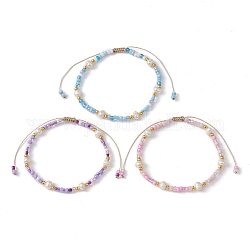 Set di 3 braccialetti con perline intrecciate di semi di vetro e perle naturali in 3 colori, braccialetti regolabili in nylon, colore misto, diametro interno: 2-1/8~3-1/2 pollice (5.3~8.85 cm), 1pc / style