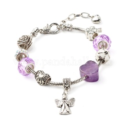 Bracelet européen fleurs de trèfle ange coeur pour femme adolescente, bracelet en améthyste naturelle & perles de verre & alliage, 8-1/8 pouce (20.5 cm)