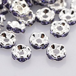 Brass Rhinestone Spacer Beads, Grade AAA, Wavy Edge, Nickel Free, Silver Color Plated, Rondelle, Tanzanite, 6x3mm, Hole: 1mm