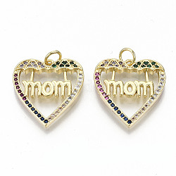 Brass Micro Pave Colorful Cubic Zirconia Pendants, with Jump Rings, for Mother's Day, Nickel Free, Heart with Word Mom, Real 16K Gold Plated, 20x18.5x2.5mm, Jump Ring: 5x0.8mm, 3.4mm inner diameter