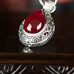 925 ciondolo medaglione in argento sterling con chiusura a scatto in stile tibetano, con perline di corindone rosso naturale, ovale, rosso, argento antico