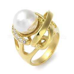 Chapado de iones (ip) 304 anillos de banda ancha de rhinestone de acero inoxidable, Anillos de perlas de imitación de plástico para mujer., dorado, nosotros tamaño 7 (17.3 mm)