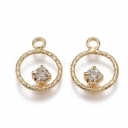 Brass Charms, Nickel Free, Real 18K Gold Plated, with Cubic Zirconia, Ring, Clear, 13x10x3mm, Hole: 1.8mm