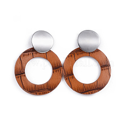 Pu cuir boucles d'oreilles pendantes, avec accessoires de puces d'oreilles en 304 acier inoxydable, anneau, chocolat, 57mm, pin: 0.8 mm