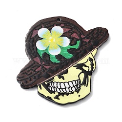 Pendentif en acrylique, crâne avec chapeau de fleur, jaune clair, 46.5x46.5x2mm, Trou: 1.6mm