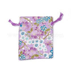 Мешковины упаковочные пакеты, шнурок сумки, прямоугольник с цветочным узором, фиолетовые, 10~10.5x8~8.3 см
