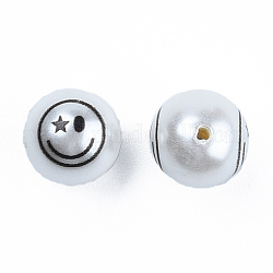 ABSプラスチックパール調ビーズ  プリント付き  笑顔でラウンド  ブラック  10mm  穴：1mm