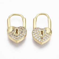 Brass Micro Pave Clear Cubic Zirconia Huggie Hoop Earrings, Nickel Free, Heart Lock, Real 18K Gold Plated, 17.5x10x4.5mm, Pin: 0.8mm