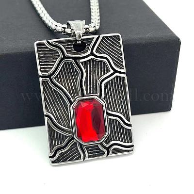 Ожерелья из нержавеющей стали в винтажном стиле с прямоугольной подвеской и рубиновыми стразами для мужчин NJ0918-1