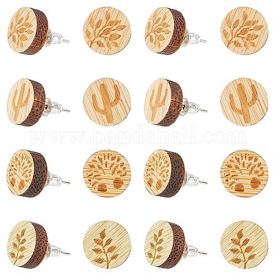 8 пара 4-х стилевых плоских круглых сережек-гвоздиков из натурального дерева EJEW-SC0001-47-1