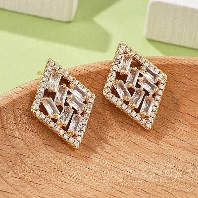 Серьги-гвоздики из латуни с микропаве из прозрачного кубического циркония в форме ромба для женщин EJEW-G428-05G-1