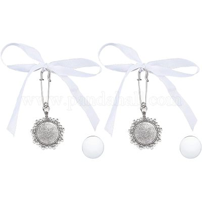 2 шт. плоская круглая брошь-подвеска в виде цветка из сплава с бантом из атласной ленты&nbsp;HJEW-FH0001-21-1