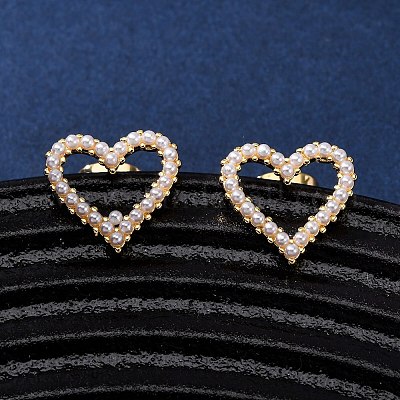 Серьги-гвоздики в форме сердца из искусственного жемчуга из латуни EJEW-K267-36G-1