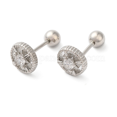 Плоские круглые серьги-гвоздики с микропаве из латуни и прозрачным кубическим цирконием EJEW-L289-02P-04-1