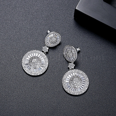 Плоские круглые серьги-гвоздики с подвесками из латунных кристаллов с микропаве из прозрачных кубических цирконий FS-WG7979A-01-1