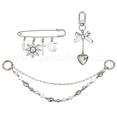 3 шт. 3 стиля сердце солнце крест пластик и сплав звенья сумка декоративные цепи и брошь HJEW-ME00018-1