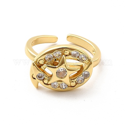 Открытое кольцо-манжета с прозрачным кубическим цирконием в виде луны и звезды RJEW-C055-03G-1