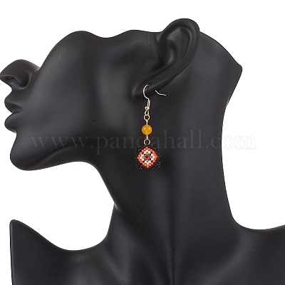 Серьги-подвески ручной работы из стеклянных бусин с узором «окно-решетка» EJEW-MZ00560-01-1