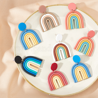 6 пара двухцветных сережек-гвоздиков из полимерной глины в форме арки для женщин EJEW-AN0004-33-1