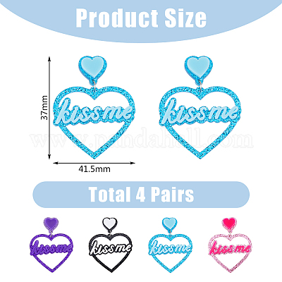 4 пара двухцветных акриловых сережек-гвоздиков в форме сердца с надписью «Поцелуй меня» EJEW-FI0002-34-1