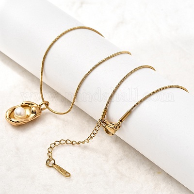 Ожерелья с подвесками в форме овала из нержавеющей стали 304 с акриловым жемчугом NJEW-G184-05G-1