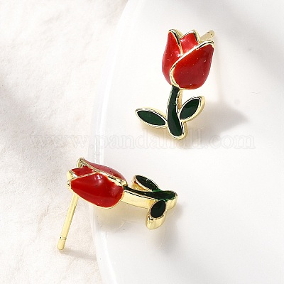 Серьги-гвоздики с цветком из латуни и эмали EJEW-P322-05G-1