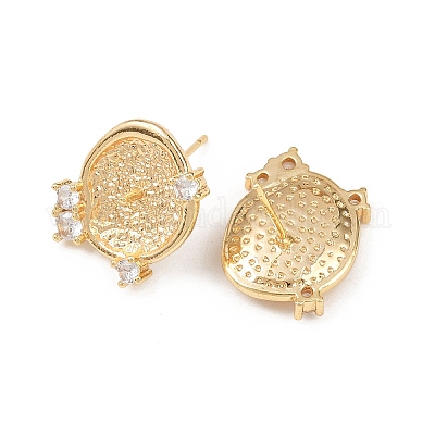 Плоские круглые серьги-гвоздики с микропаве из прозрачных кубических цирконий из латуни KK-H524-08G-1