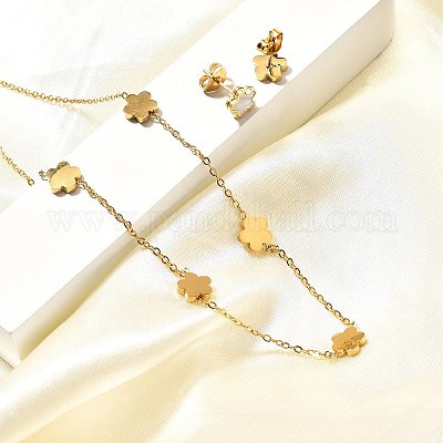 Комплект из ожерелий и серег-гвоздиков из нержавеющей стали 304 в виде цветка для женщин SJEW-C007-05G-1