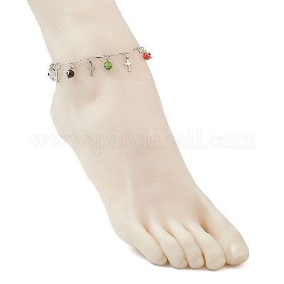 3 шт. двухцветные браслеты на ногу ручной работы с подвеской в виде сглаза и цепочкой из нержавеющей стали 304 с крестообразными звеньями и кисточками для женщин AJEW-AN00741-1