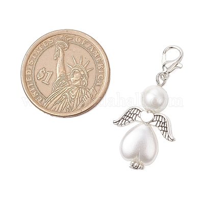 Подвеска в форме сердца ангела из стекла и АБС-пластика с имитацией жемчуга HJEW-JM03565-02-1