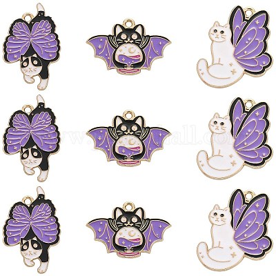 15Pcs 3 Styles Alloy Enamel Pendants, Light Gold, Cat/Bat Charms, Purple,  20~30.5x20~28.5x1.3~1.5mm, Hole: 2mm, 5pcs/style