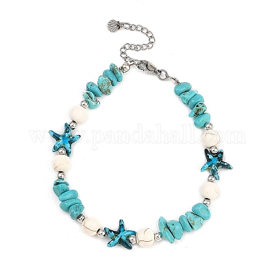 Браслеты на лодыжку с синтетическими морскими звездами цвета окрашенной бирюзы и бусинами AJEW-AN00733-02-1