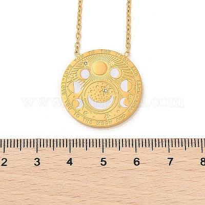 Ожерелья с плоским круглым кулоном из нержавеющей стали 304 с прозрачным кубическим цирконием и фазами Луны NJEW-R018-03G-1