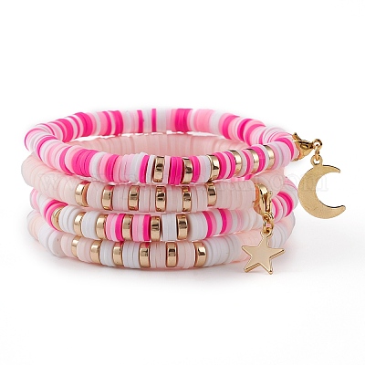 Heishi Bracelet, Pink Stackable Bracelets Set of 5, Pink Clay Bead