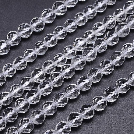 Faceted(64 Facets) Natural Quartz Crystal Round Beads Strands G-L411-34-8mm-1