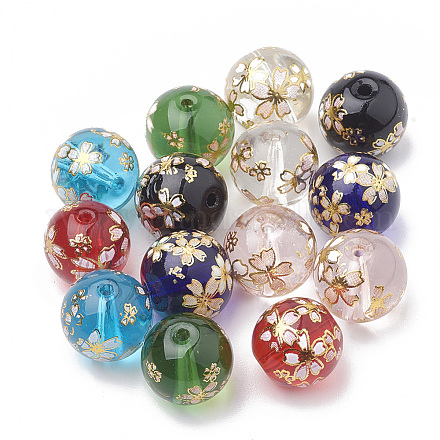 Perles de verre transparentes peintes de fleurs X-GLAA-Q071-01-1