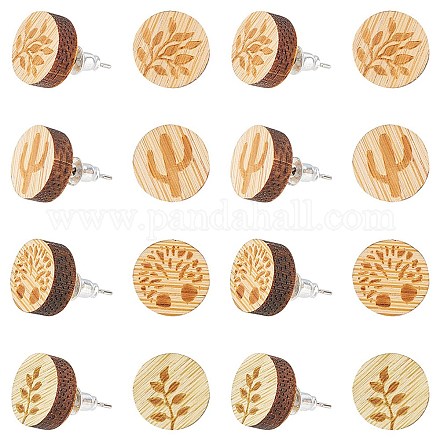 8 пара 4-х стилевых плоских круглых сережек-гвоздиков из натурального дерева EJEW-SC0001-47-1