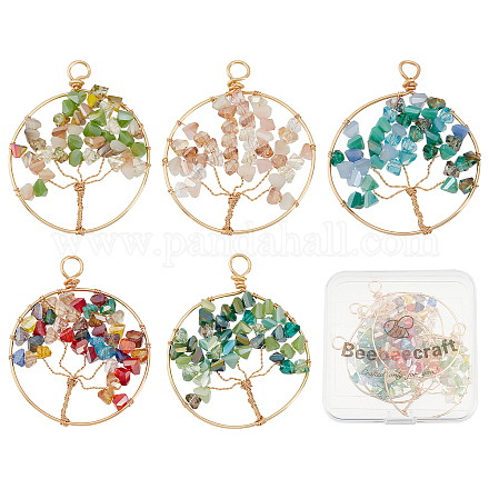 Beebeecraft 5Pcs 5 Colors Tree of Life Pendant Charms 18K Gold Plated Brass Flat Round with Gemstone Chakra Crystal Quartz Charm for Necklaces Earrings Jewelry Making FIND-BBC0001-33-1