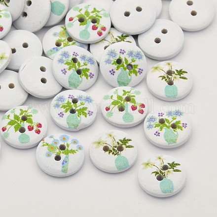 Flat Round 2-Hole Printed Wooden Buttons X-BUTT-P010-54A-1