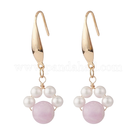 Round Natural Kunzite & Shell Pearl Beads Dangle Earring EJEW-TA00038-02-1