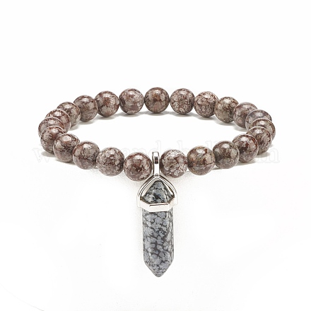 Bracelet extensible en perles rondes en obsidienne flocon de neige naturelle avec breloque en forme de balle BJEW-JB08310-04-1