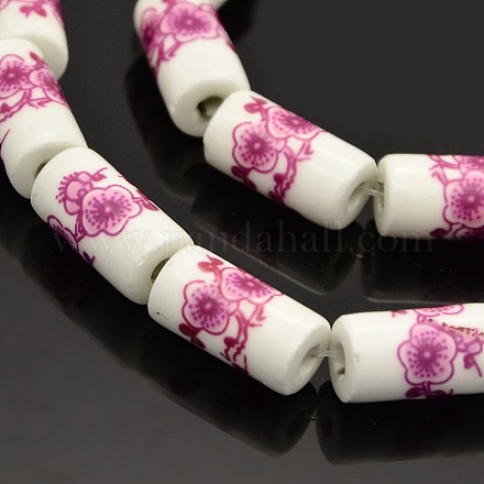 Handmade Flower Printed Porcelain Ceramic Column Beads Strands PORC-O007-02-1