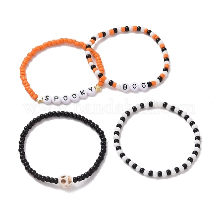 4 pz 4 stili set di braccialetti elasticizzati con semi di vetro e acrilico e sintetico con perline teschio turchese BJEW-TA00263-1