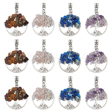SUPERFINDINGS 32Pcs 4 Style Life Tree Pendant Charms Gemstone Chakra Crystal Quartz Pendants Flat Round with Tree Healing Charm for Jewelry Making G-FH0001-48-1