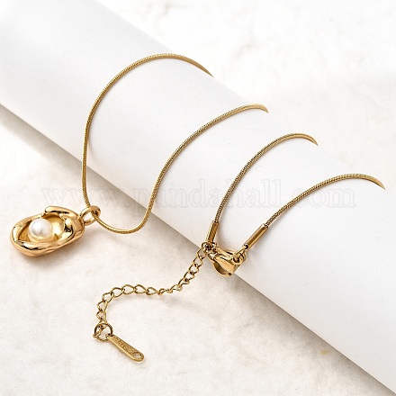 Ожерелья с подвесками в форме овала из нержавеющей стали 304 с акриловым жемчугом NJEW-G184-05G-1