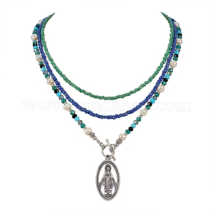 Colliers ovales avec pendentif vierge marie NJEW-SW00006-01-1