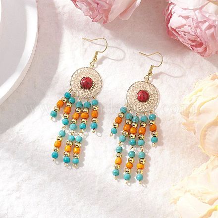 Плоские круглые серьги-подвески из нержавеющей стали 304 с синтетической бирюзой EJEW-JE06454-01-1