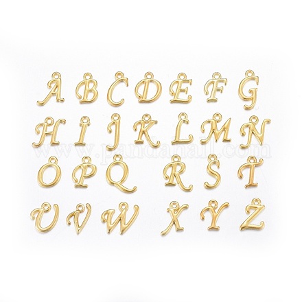 ラックメッキ合金ペンダント  アルファベット  a～zの文字  ゴールドカラー  12~17x4~15x2mm  穴：1.5mm X-PALLOY-P097-G-1