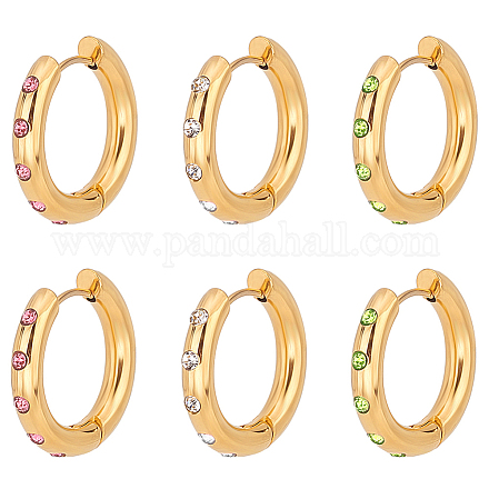 PandaHall Elite 3Pairs 3 Colors Real 18K Gold Plated 304 Stainless Steel Huggie Hoop Earrings with Cubic Zirconia EJEW-PH0001-27-1