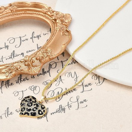 Женские ожерелья с подвеской в виде сердца из латуни с микропаве из прозрачных кубических цирконий и черным леопардовым принтом NJEW-M079-02G-1